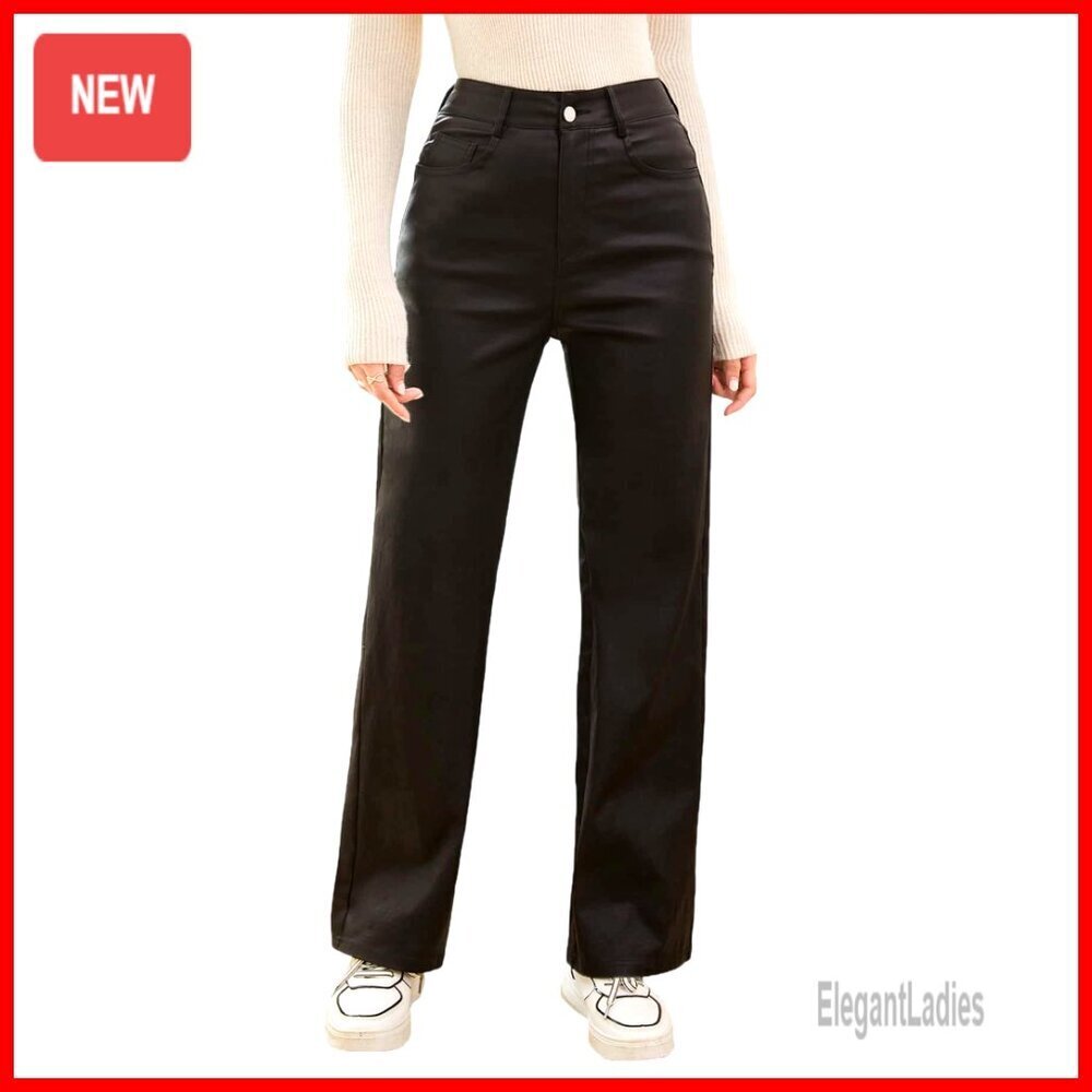 High Waist Straight Leg Jeans with Pockets Leather Look Pants